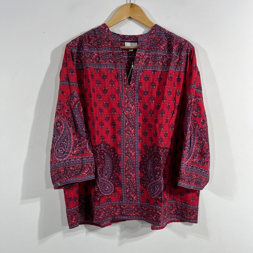 J. Jill Boho Flowy Paisley Cotton Tunic Top XL Split Neck 3/4 Sleeve Artsy NWT